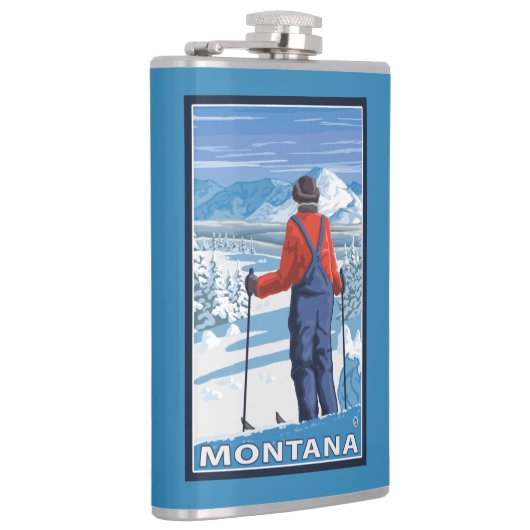 スキーヤーのAdmiringMontanaVintage旅行ポスター フラスク (右)