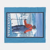 スキーヤーのAdmiringMontanaVintage旅行ポスター フリースブランケット (正面(横))