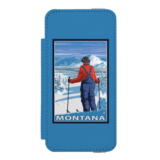 スキーヤーのAdmiringMontanaVintage旅行ポスター Incipio iPhoneウォレットケース (フォリオ 正面)