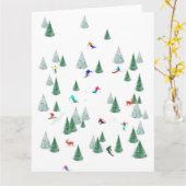 スキーヤーズダウンヒルスキーイラストレーションスキーパーティー カード (黄色い花)