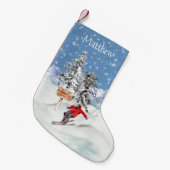 スキーヤー雪パーソナライズされた水色 スモールクリスマスストッキング (正面 (吊り時))
