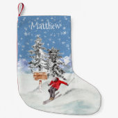 スキーヤー雪パーソナライズされた水色 スモールクリスマスストッキング (正面)