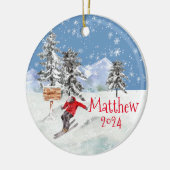 スキーヤー雪パーソナライズされた水色 セラミックオーナメント (左)