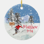 スキーヤー雪パーソナライズされた水色 セラミックオーナメント (裏面)