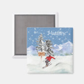 スキーヤー雪パーソナライズされた水色 マグネット (正面/裏面)