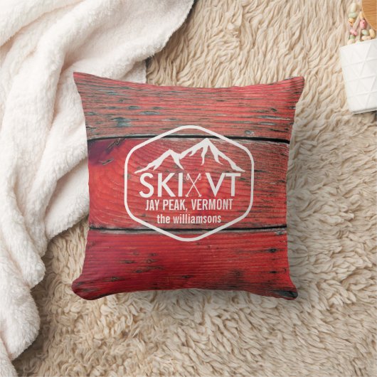 スキーヴァーモントジェイピーク素朴で赤いBarnwood クッション (ブランケット)