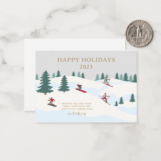 スキー休暇メリーパーソナライズされたクリスマスカード ノートカード (正面/裏面インサイチュ)