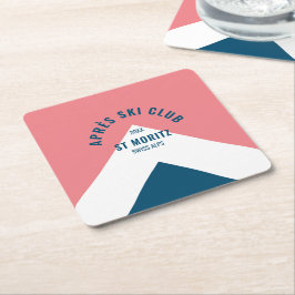 スキー場でのパーティー ピンク ネイビー レトロスタイル スキーパーティー スクエアペーパーコースター