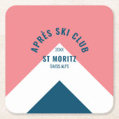 スキー場でのパーティー ピンク ネイビー レトロスタイル スキーパーティー スクエアペーパーコースター (正面)