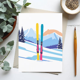 スキー場の冬の水彩画 ポストカード
