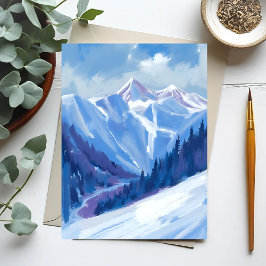スキー場 | 青い水彩画の山々 ポストカード
