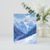スキー場 | 青い水彩画の山々 ポストカード (スタンド正面)