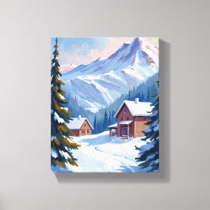 スキー小屋の山の風景 水彩画 冬 キャンバスプリント