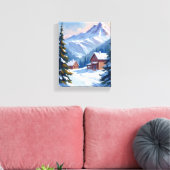 スキー小屋の山の風景 水彩画 冬 キャンバスプリント (インサイチュ (リビング))
