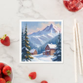 スキー小屋の山岳風景 水彩画 冬 スタンダードカクテルナプキン (インサイチュ)