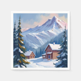 スキー小屋の山岳風景 水彩画 冬 スタンダードカクテルナプキン