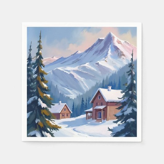 スキー小屋の山岳風景 水彩画 冬 スタンダードカクテルナプキン (正面)