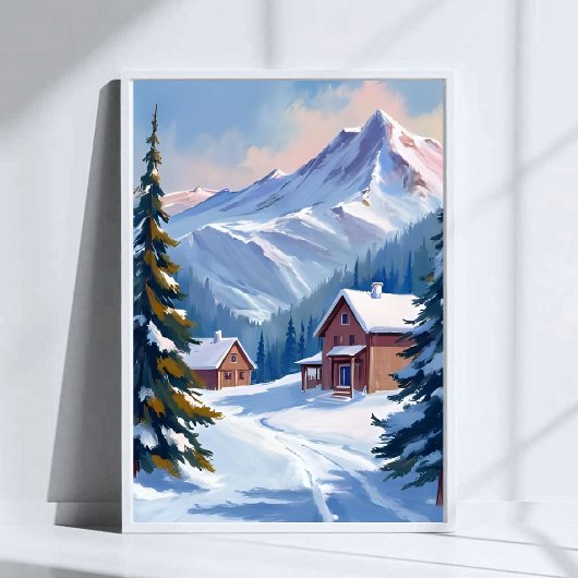 スキー小屋の山岳風景 水彩画 冬 ポスター