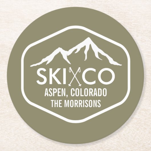 スキー山のロゴの《植物》アスペンのコロラド州のレトロのカスタム ラウンドペーパーコースター (正面)