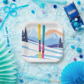 スキー山の水彩冬 ペーパープレート (パーティー)