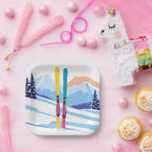 スキー山の水彩冬 ペーパープレート (パーティー)