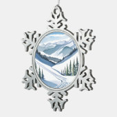 スキー山の水彩 スノーフレークピューターオーナメント (右)