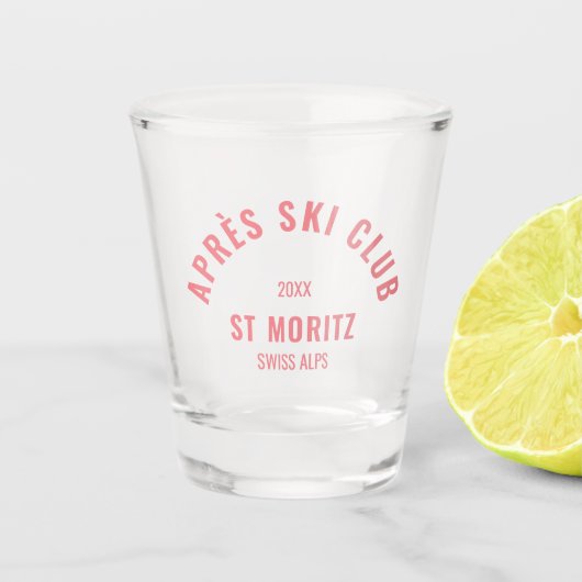 スキー後のクラブ ピンクレトロスタイルスキー パーティー ショットグラス (正面)