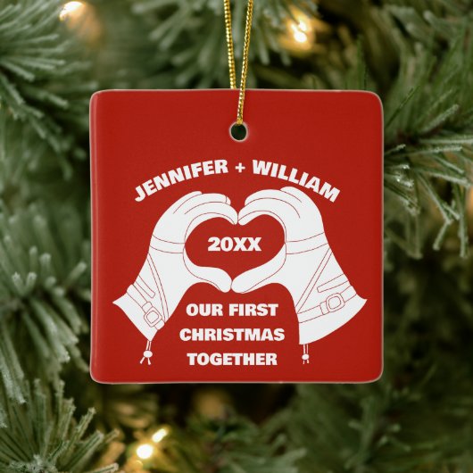 スキー手袋手ハート形状パーソナライズされた セラミックオーナメント (ツリー)