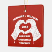 スキー手袋手ハート形状パーソナライズされた セラミックオーナメント (左)