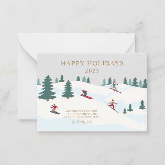 スキー旅行のクリスマスカード ノートカード (正面)