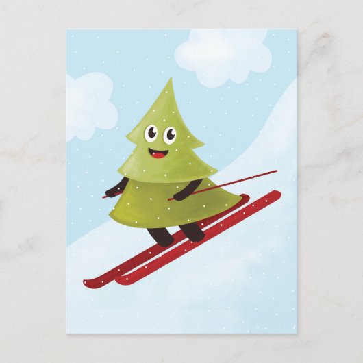 スキー松の木かわいい雪スポーツ冬 ポストカード (正面)