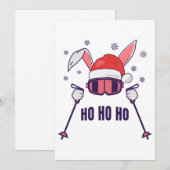 スキー用サンタ帽を被り、スキーポールを持ったスキーサンタうさぎ 招待状 (正面/裏面)