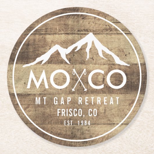 スキー素朴ハウスマウンテンウッドグレパーソナライズされたイン ラウンドペーパーコースター (正面)