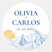 スキー結婚の水彩山景色 ラウンドシール (正面)