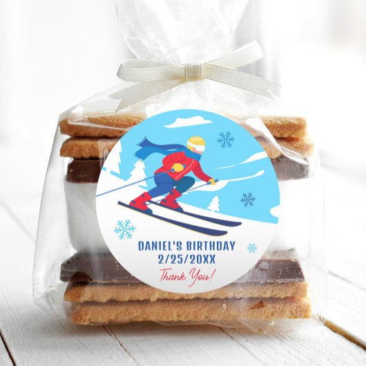 スキー誕生日でゲレンデをヒットしようステッカー ラウンドシール