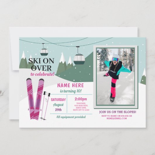 スキー誕生日パーティーガールズスキースノーボードフォト 招待状 (正面)