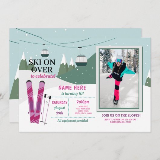 スキー誕生日パーティーガールズスキースノーボードフォト 招待状 (正面/裏面)