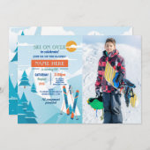 スキー誕生日パーティースキースキフォトスノー 招待状 (正面/裏面)