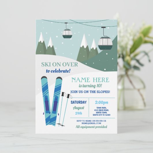 スキー誕生日パーティースキースノーボードスノーボード 招待状 (スタンド正面)