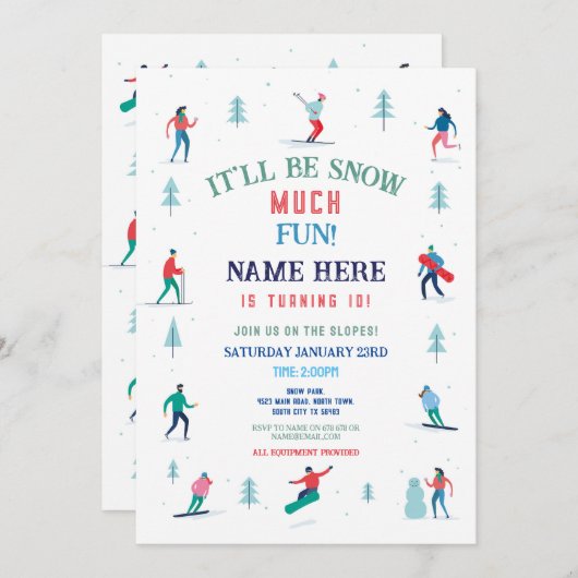 スキー誕生日パーティースキースノーボードスノーボード 招待状 (正面/裏面)
