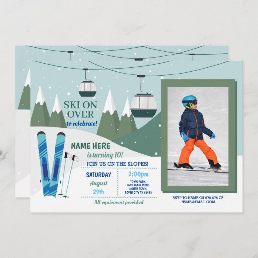 スキー誕生日パーティースキースノーボードフォト 招待状 (正面/裏面)