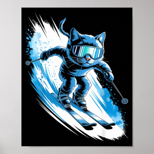 スキー ウィンタースポーツ スキーヤー おもしろい スキーをする猫  ポスター (正面)