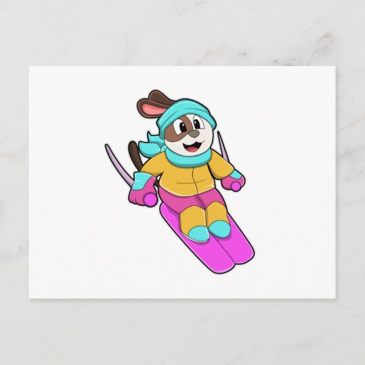 スキー&スカーフ付きのスキー犬 ポストカード (正面)