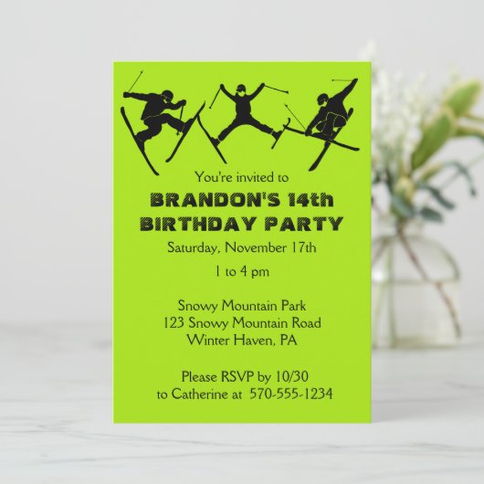 スキー、スキーのトリックをテーマにした男10代のの子の誕生日パーティー 招待状 (スタンド正面)