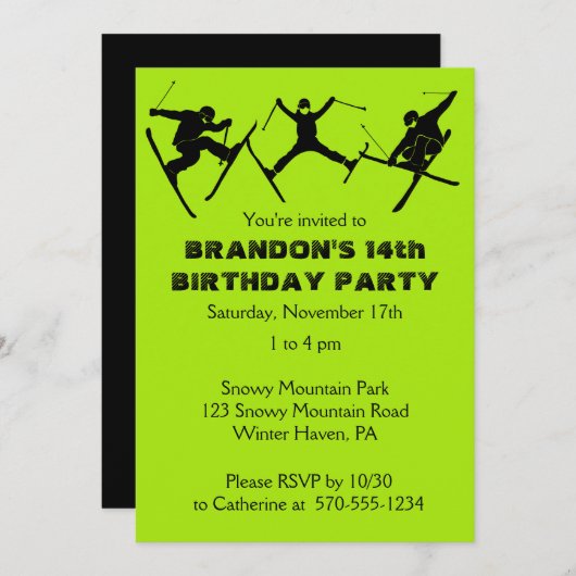 スキー、スキーのトリックをテーマにした男10代のの子の誕生日パーティー 招待状 (正面/裏面)