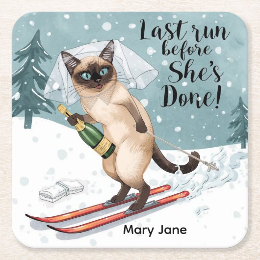 スキー・バチェロレッテ・パーティー・ステッカー  ブライド・オン・ザ・スロープ スクエアペーパーコースター (正面)
