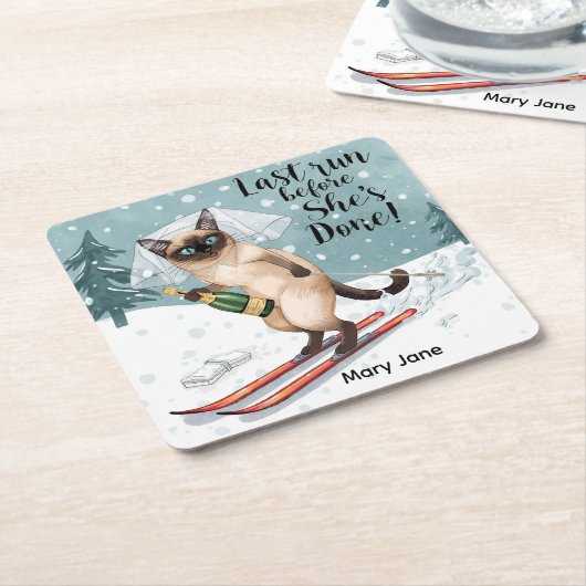 スキー・バチェロレッテ・パーティー・ステッカー 新婦は斜面に立つ スクエアペーパーコースター (アングル)