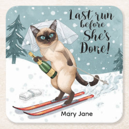 スキー・バチェロレッテ・パーティー・ステッカー  新婦は斜面に立つ スクエアペーパーコースター