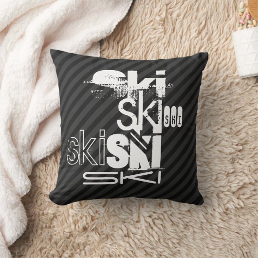 スキー、ブラック&ダークグレーのストライプ クッション (ブランケット)