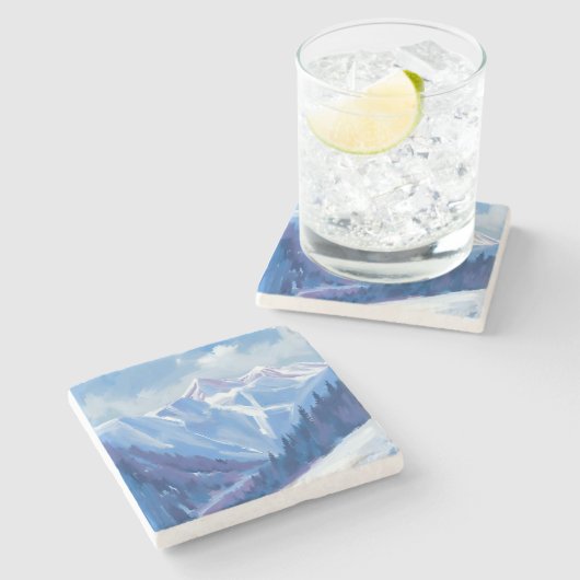 スキー マウンテン | 青い水彩画の山々 ストーンコースター (横)